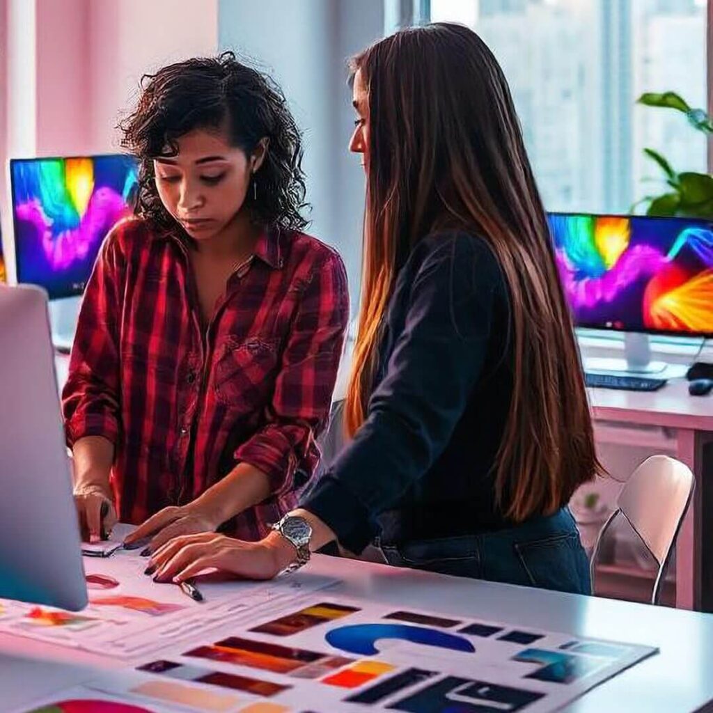 Equipo revisando paletas de color y piezas impresas: así trabajamos el diseño de marca en Lima